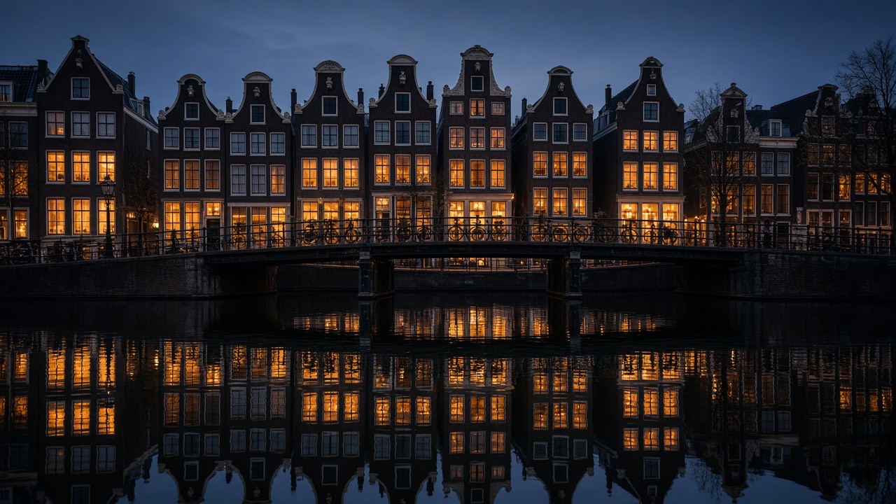 Amsterdamse grachtenpanden en brug bij blauwe uur