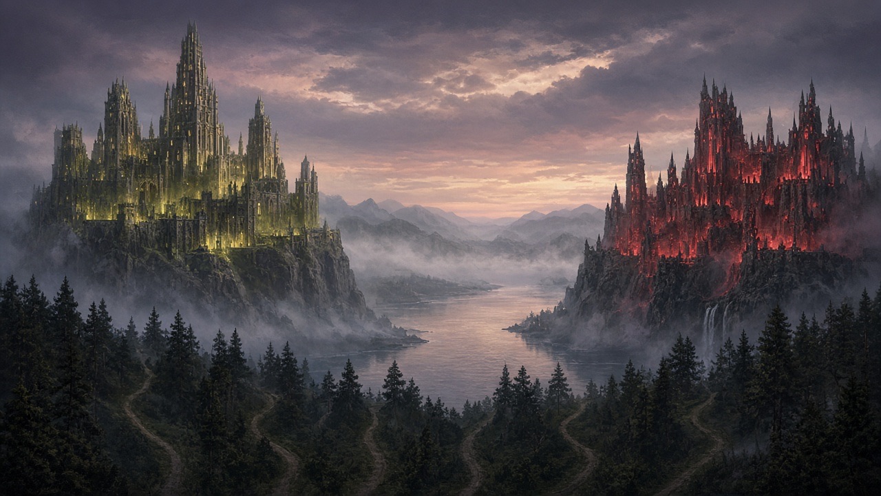 Origineel fantasielandschap: twee vestingen aan weerszijden van een rivier, geïnspireerd op een MOBA-kaart