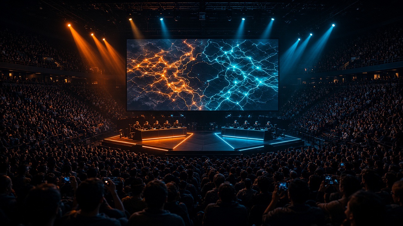Esportsarena met publiek en twee teams van vijf achter bureaus