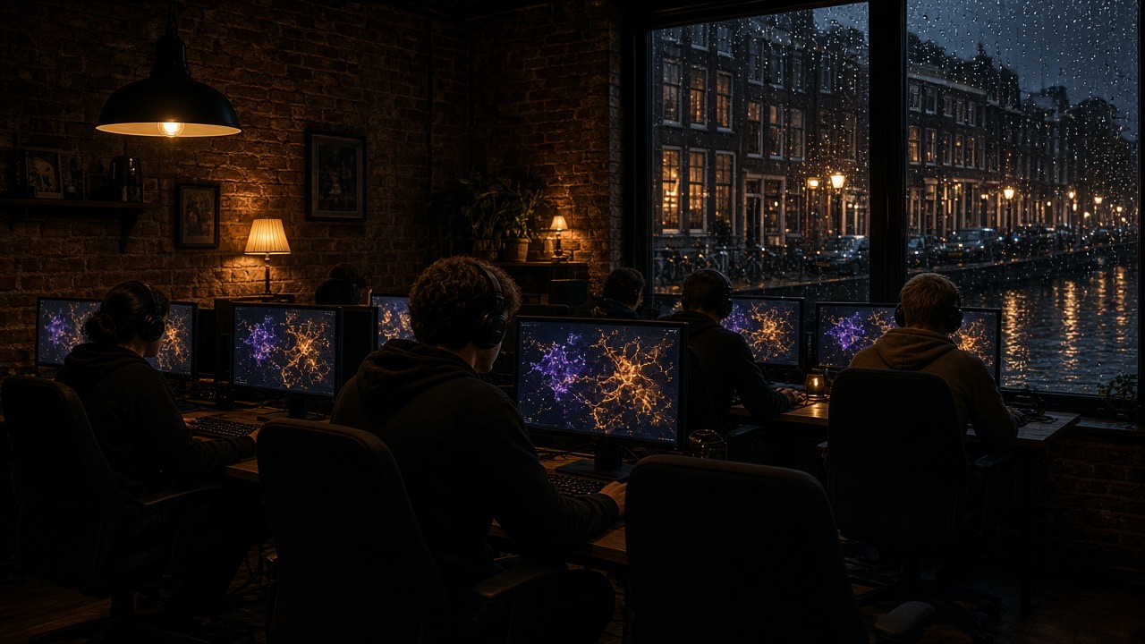 Nederlands gamecafé aan een gracht, mensen achter computers in het donker