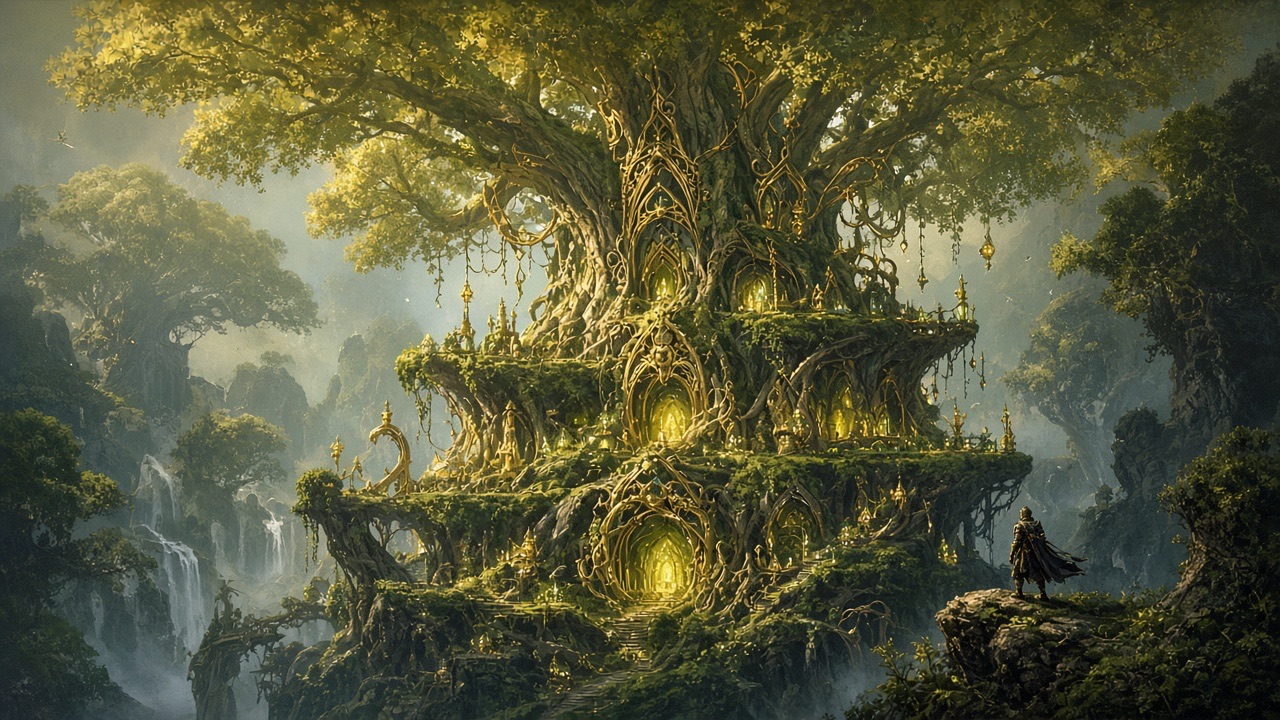 Gouden groene boomvesting in originele fantasy-stijl