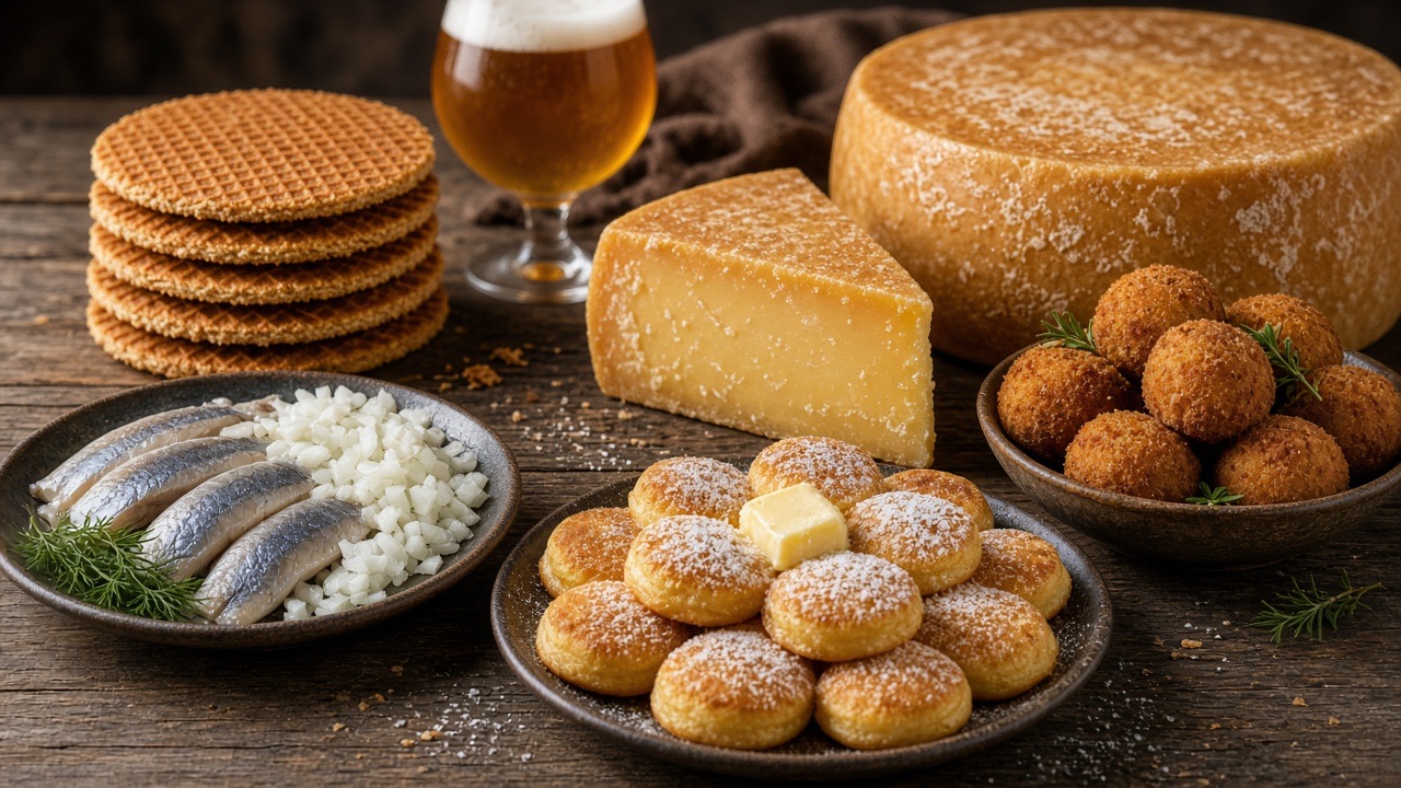 Stroopwafels, kaas, haring, poffertjes en bitterballen op een houten tafel