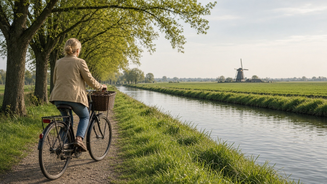 Fietser op een jaagpad langs een Nederlandse gracht