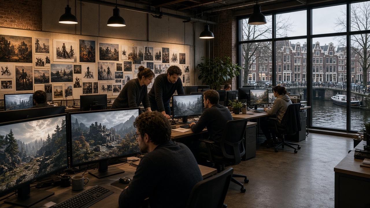 Ontwikkelaars in een Amsterdamse gamestudio achter brede schermen