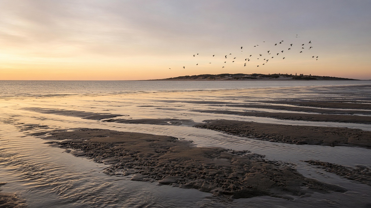 Wad bij eb met vogels en wijde horizon