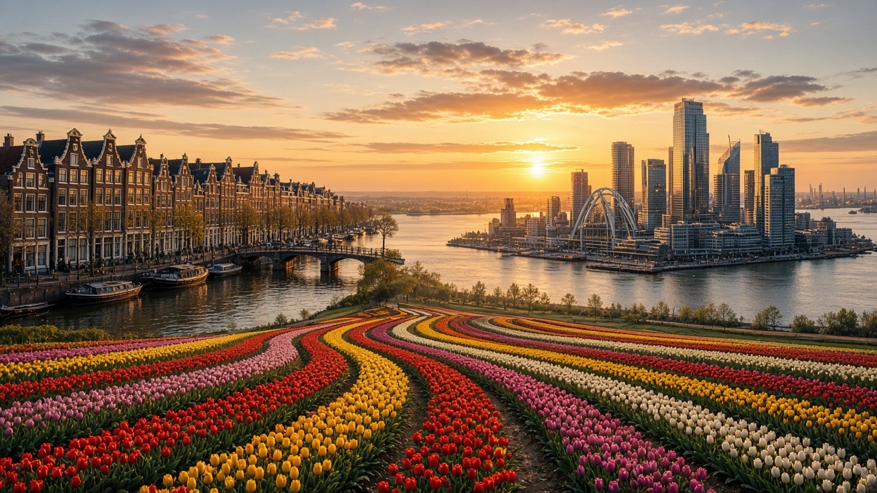 Nederland in één beeld: tulpen, grachten en moderne skyline