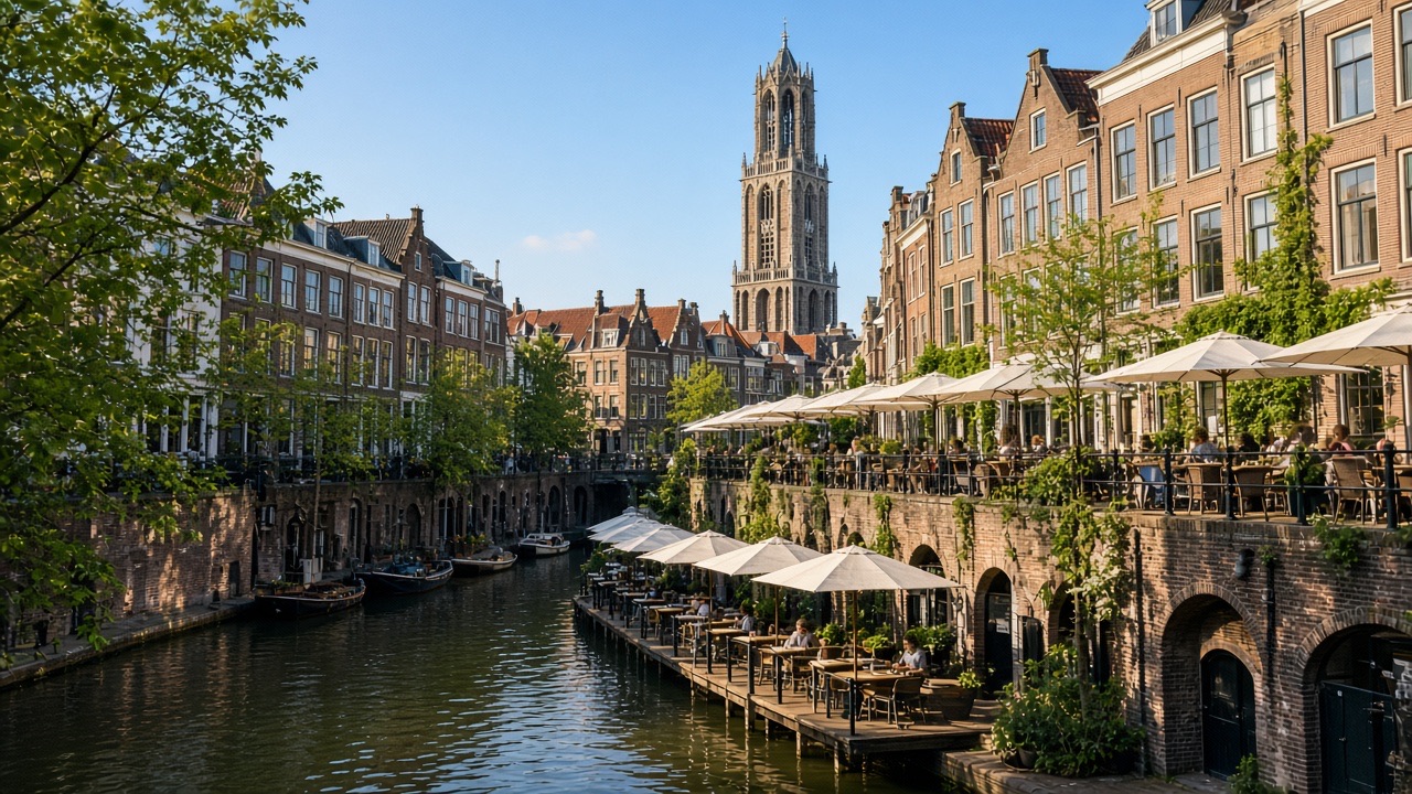 Oudegracht in Utrecht met werfkelders en Domtoren